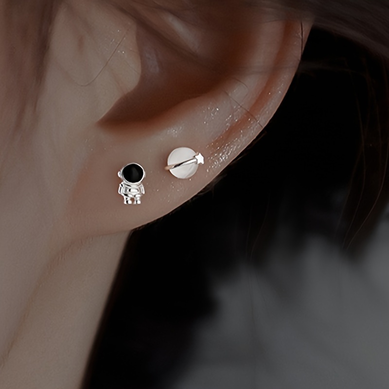 Asymmetrical Petite Astronaut Moon Star Earrings